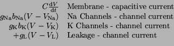 \begin{displaymath}\begin{array}{rl} C \frac{\textrm{d}V}{\textrm{d}t} & \textrm...
..._{\textrm{L}}) & \textrm{Leakage - channel current} \end{array}\end{displaymath}