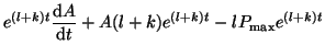 $\displaystyle e^{(l+k)t}\frac{\textrm{d}A}{\textrm{d}t} + A(l + k)e^{(l+k)t} - lP_{\textrm{max}}e^{(l+k)t}$