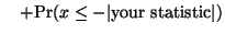 $\displaystyle \quad + \textrm{Pr}(x \le - \vert \textrm{your statistic} \vert)$