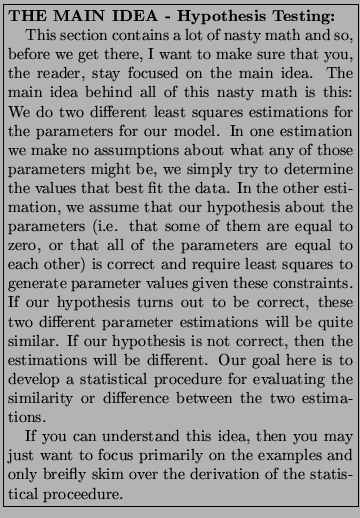 \framebox{\parbox{3in}{\setlength{\parindent}{11pt}\noindent{\bf
THE MAIN IDEA ...
...es and only breifly skim over the
derivation of the statistical proceedure.
}}