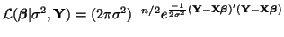 $\displaystyle \mathcal{L}(\boldsymbol{\beta} \vert \sigma^2, {\bf Y}) =
(2\pi \...
...2}({\bf Y} - {\bf X}\boldsymbol{\beta})'({\bf Y} - {\bf X}\boldsymbol{\beta})}
$
